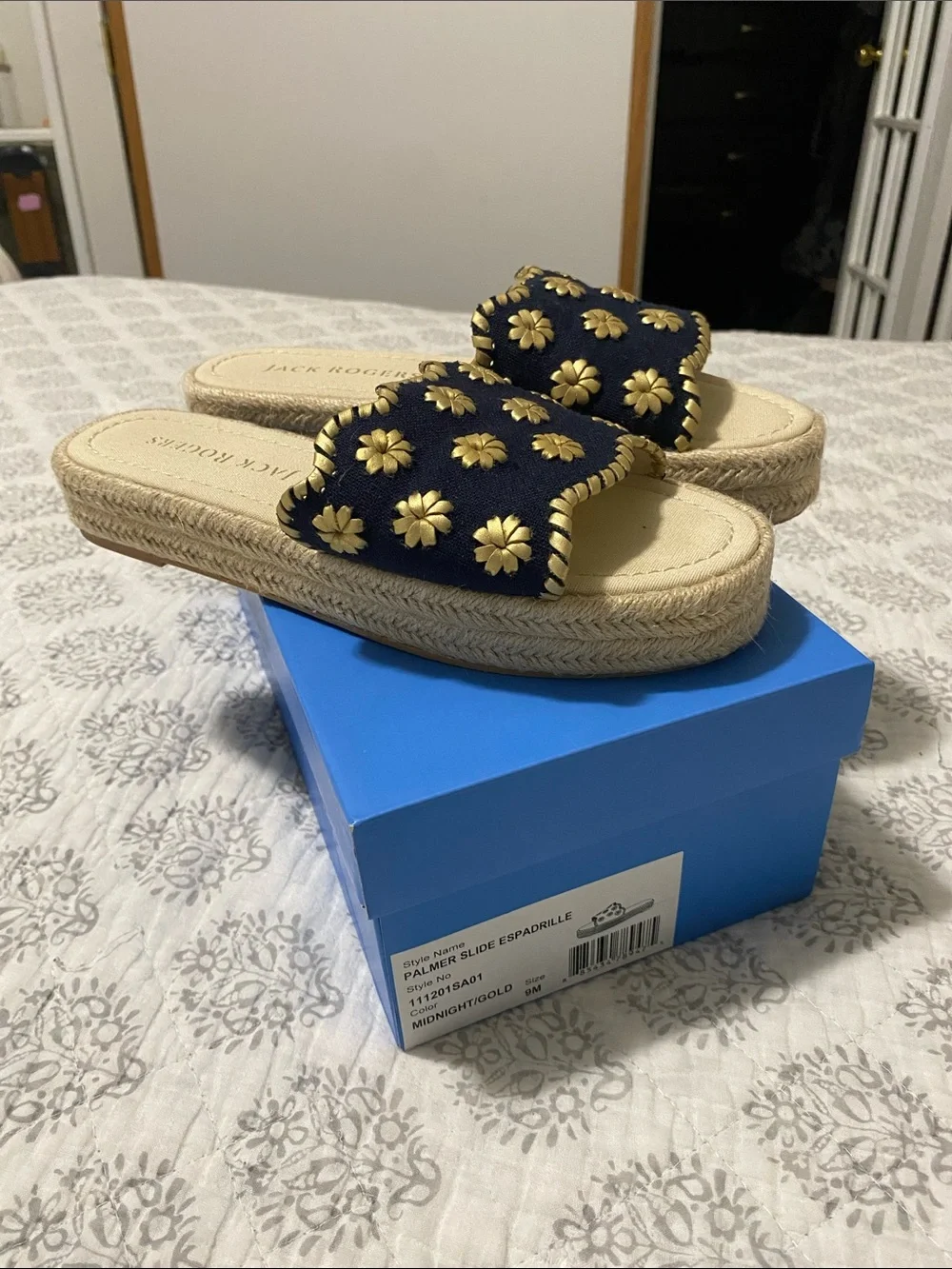 Jack Rogers Midnight Navy Slide Espadrilles with Gold Daisy Accents